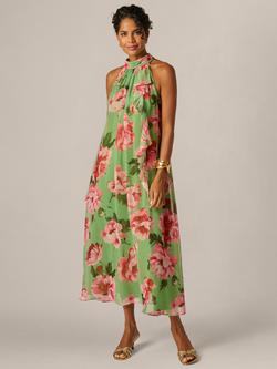 Adrianna Papell Floral Print Halter Neck Trapeze Midi Dress, Lime/Multi, Lime/Multi