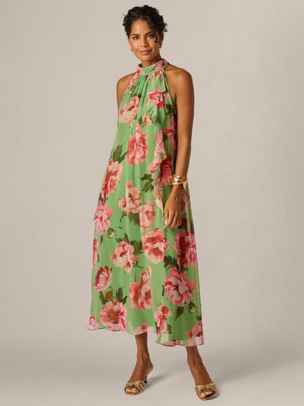 Adrianna Papell Floral Print Halter Neck Trapeze Midi Dress, Lime/Multi, Lime/Multi