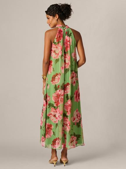 Adrianna Papell Floral Print Halter Neck Trapeze Midi Dress, Lime/Multi - view 2, Lime/Multi