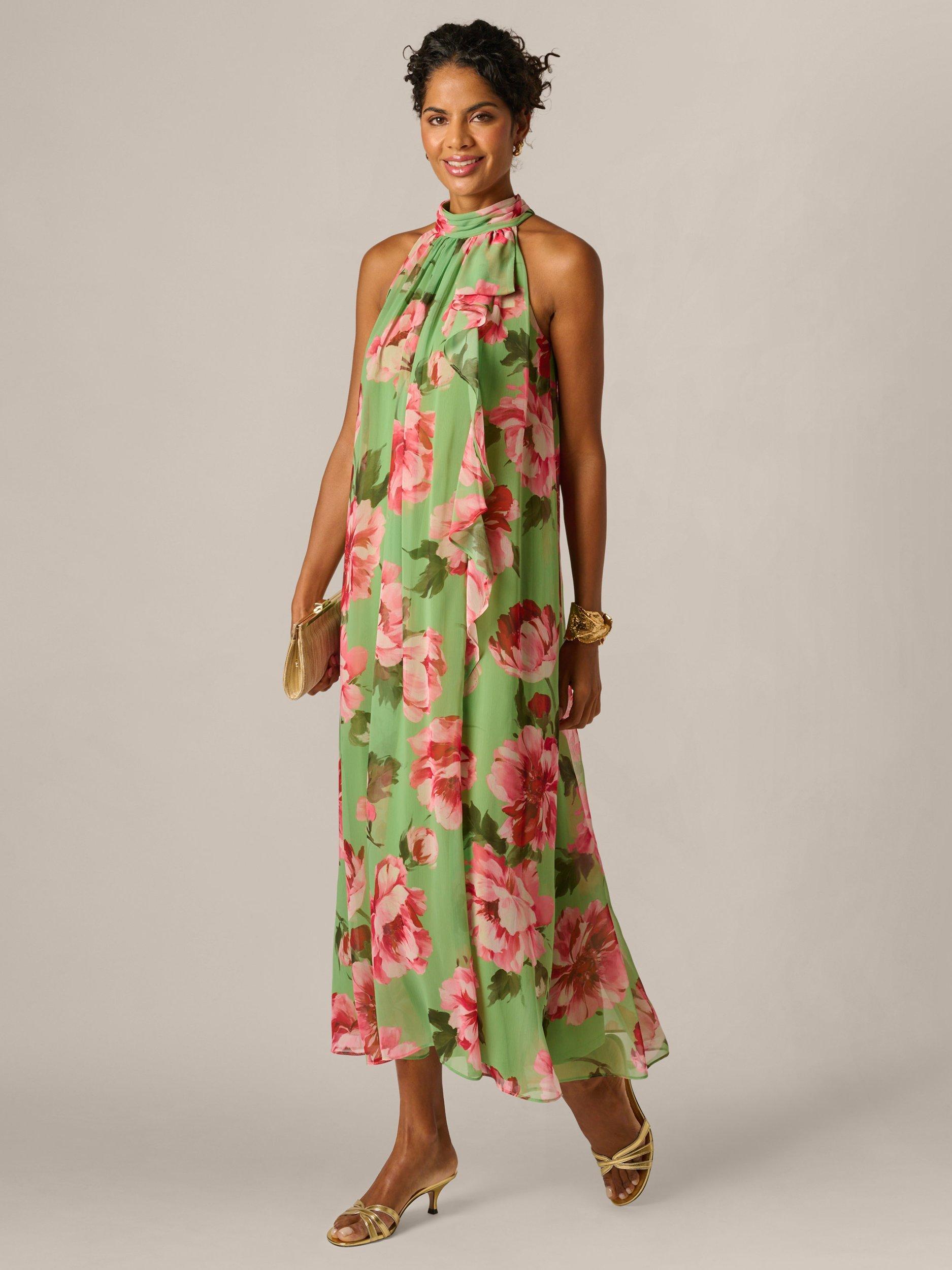 adrianna papell floral chiffon midi halter dress in turquoise multi Print Neck Trapeze Dress, Lime/Multi Ecom Style:ADAE213096