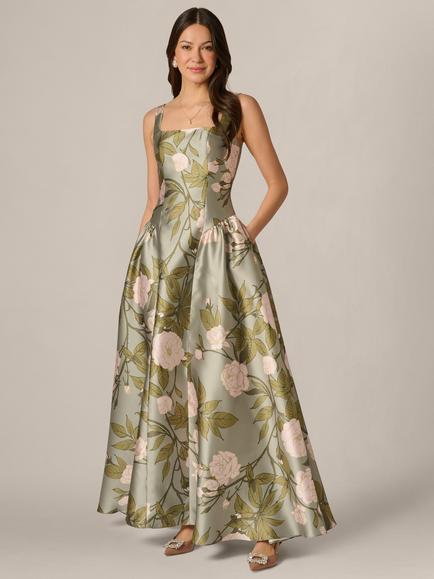 Adrianna Papell A-Line Floral Print Drop Waist Ballgown, Sage/Multi, Sage/Multi