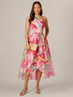 Adrianna Papell Floral Print A-Line High Low Organza Midi Dress, Multi, Multi