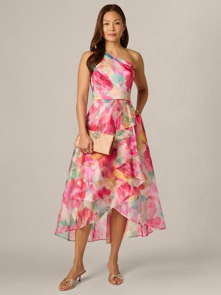 Adrianna Papell Floral Print A-Line High Low Organza Midi Dress, Multi, Multi