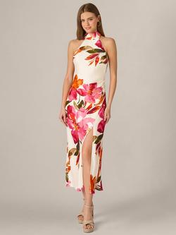 Adrianna By Adrianna Papell Floral Printed Satin Midi Dress, Champagne/Multi, Champagne/Multi