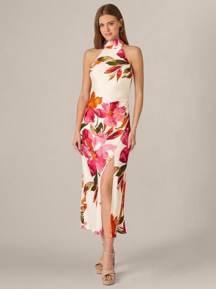 Adrianna By Adrianna Papell Floral Printed Satin Midi Dress, Champagne/Multi, Champagne/Multi