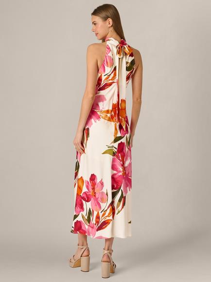 Adrianna By Adrianna Papell Floral Printed Satin Midi Dress, Champagne/Multi - view 2, Champagne/Multi