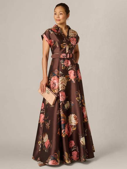 Adrianna Papell Floral Print A-Line Tailored Ballgown, Brown/Multi, Brown/Multi