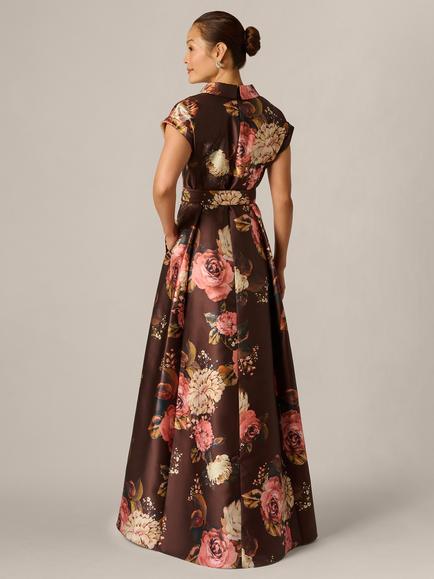 Adrianna Papell Floral Print A-Line Tailored Ballgown, Brown/Multi - view 2, Brown/Multi