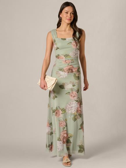 Adrianna Papell Stretch Mesh Ruched Maxi Dress, Sage/Multi, Sage/Multi