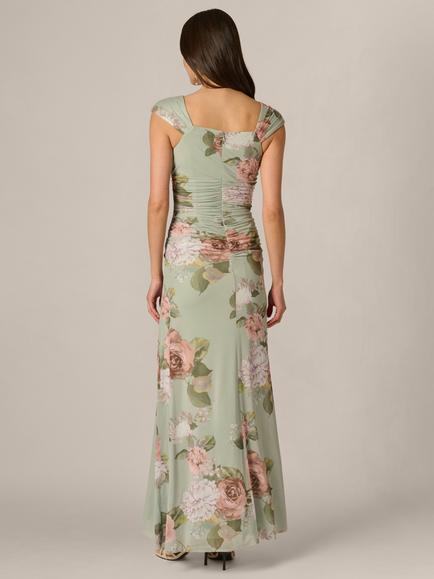 Adrianna Papell Stretch Mesh Ruched Maxi Dress, Sage/Multi - view 2, Sage/Multi
