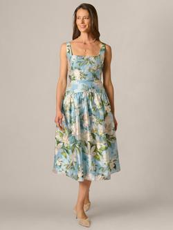Adrianna Papell A-Line Shirred Organza Midi Dress, Blue/Multi, Blue/Multi