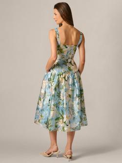 Adrianna Papell A-Line Shirred Organza Midi Dress, Blue/Multi - view 2, Blue/Multi