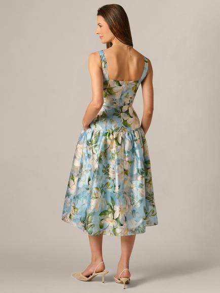 Adrianna Papell A-Line Shirred Organza Midi Dress, Blue/Multi - view 2, Blue/Multi