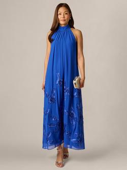 Adrianna Papell Halterneck Soutache Trapeze Dress, Brilliant Sapphire, Brilliant Sapphire