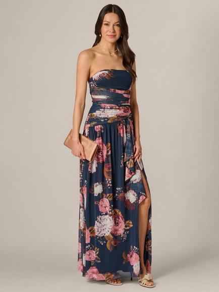 Adrianna Papell Floral Ruched Mesh Dress, Navy/Multi, Navy/Multi