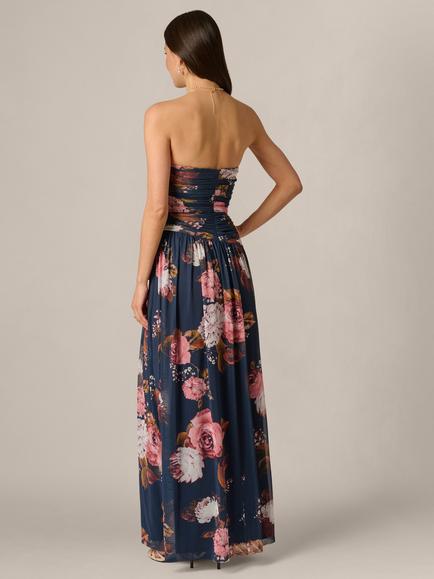 Adrianna Papell Floral Ruched Mesh Dress, Navy/Multi - view 2, Navy/Multi