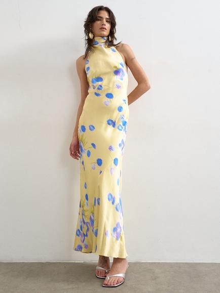 Topshop Halterneck Satin Maxi Slip Dress, Yellow/Blue, Yellow/Blue