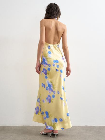 Topshop Halterneck Satin Maxi Slip Dress, Yellow/Blue - view 2, Yellow/Blue