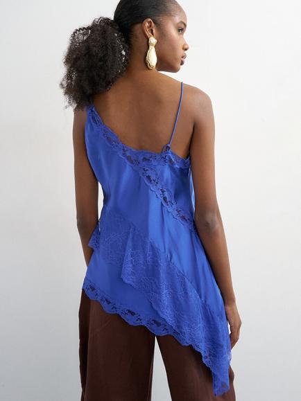Topshop V-Neck Asymmetric Lace Cami, Blue - view 2, Blue