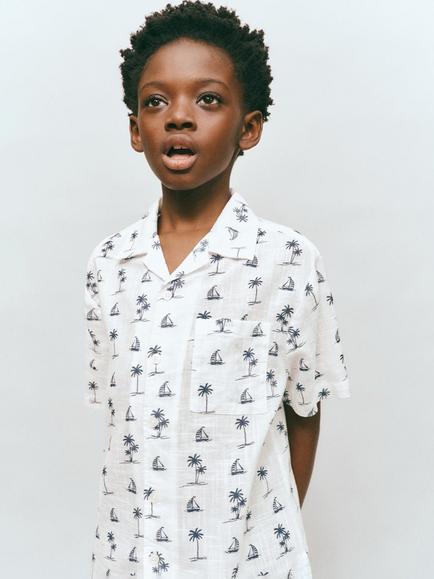 Mango Kids' Boat Palm Short Sleeve Shirt, Off White, Off White