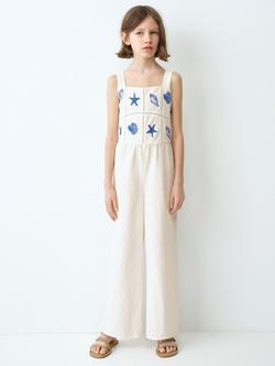 Mango Kids' Seaside Embroidered Square Neck Wide Leg Jumpsuit, White, White