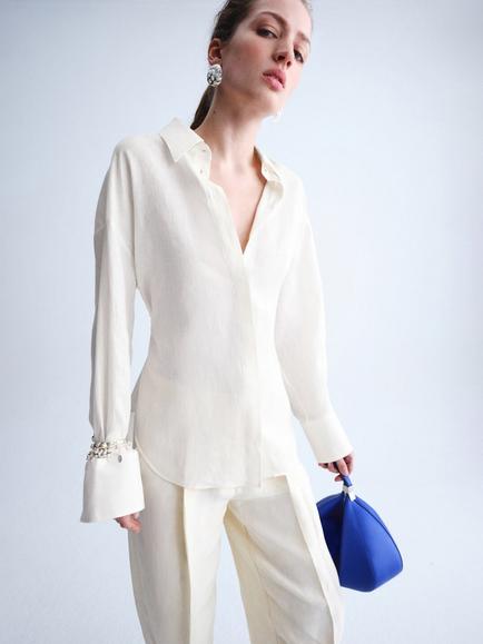 Mango Pure Linen Collared Shirt, Off White, Off White