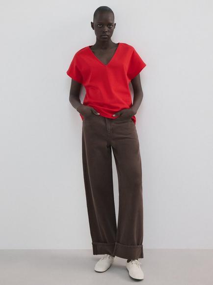 Mango V-Neck Relaxed T-Shirt, Red, Red