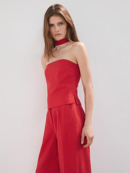 Mango Halterneck Sculpted Top, Red