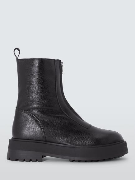 John Lewis Portland Leather Zip Front Flatform Ankle Boots, Black, Black