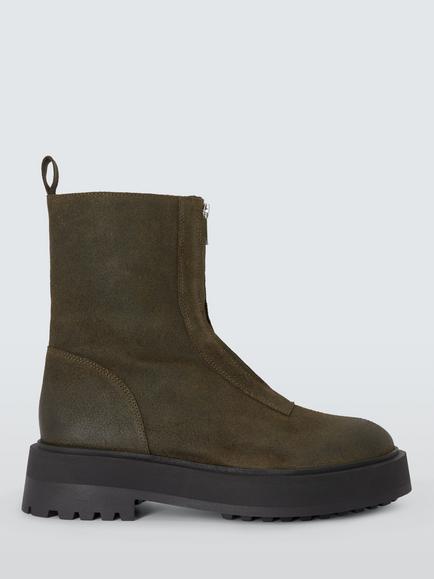 John Lewis Portland Leather Zip Front Flatform Ankle Boots, Dark Olive, Dark Olive