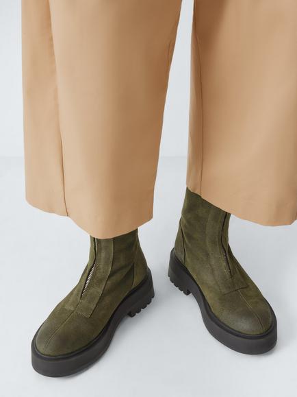 John Lewis Portland Leather Zip Front Flatform Ankle Boots, Dark Olive - view 2, Dark Olive