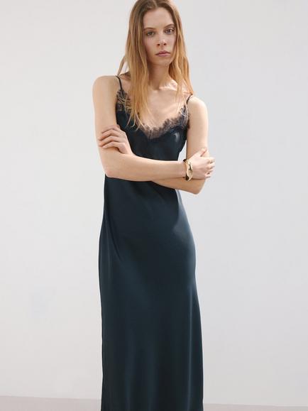 Mango Satin Bias Cut Slip Dress, Navy, Navy