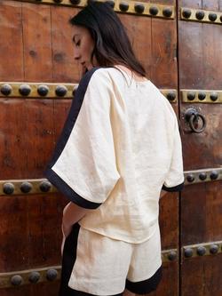 Mango 3/4 Sleeve Relaxed Fit Linen Blouse, Raw - view 2, Raw