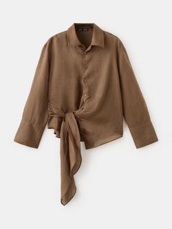 Mango Collared Long Sleeve Tie Waist Shirt, Brown, Brown