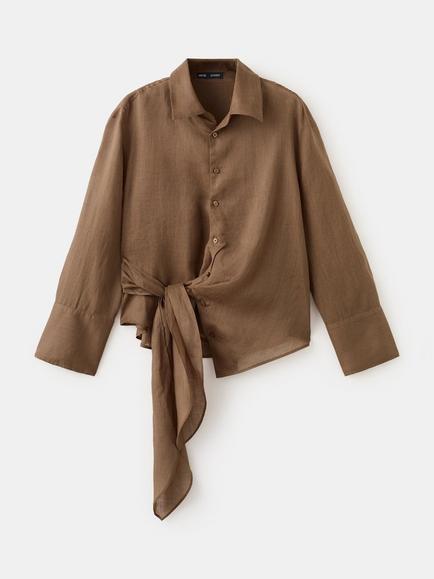 Mango Collared Long Sleeve Tie Waist Shirt, Brown, Brown