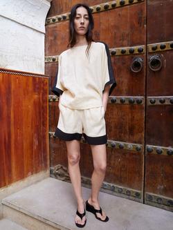Mango Linen Colour Block Side Panel Shorts, Beige, Beige