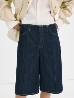 Mango Mid Rise Long Relaxed Denim Shorts, Blue, Blue