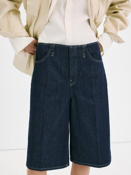 Mango Mid Rise Long Relaxed Denim Shorts, Blue, Blue