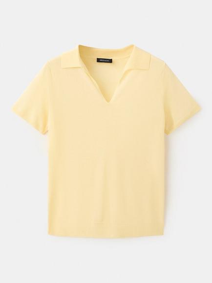 Mango Short Sleeve V-Neck Knit Top, Pastel Yellow