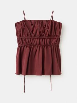 Mango Sleeveless Square Neck Ruched Peplum Top, Terracotta, Terracotta