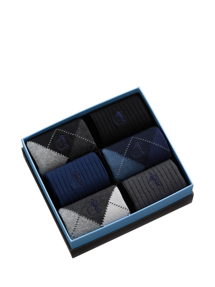 London Sock Company Argyle Pattern & Plain Ribbed Sock Collection Gift Box, Pack of 6, Mixed, Mixed