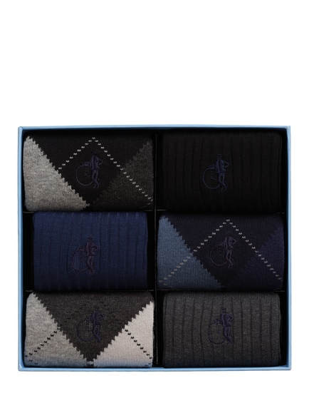 London Sock Company Argyle Pattern & Plain Ribbed Sock Collection Gift Box, Pack of 6, Mixed - view 2, Mixed