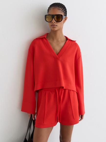 Reiss Bea Loose Fit V-Neck Rugby Shirt, Coral Red, Coral Red
