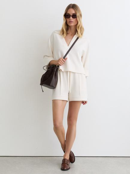 Reiss Bea Loose Fit V-Neck Rugby Shirt, Ivory, Ivory