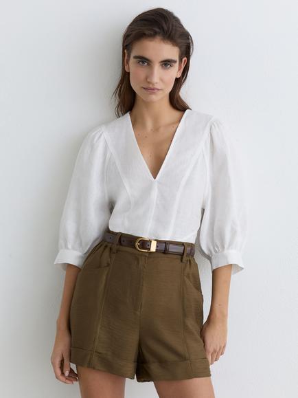 Reiss Evie Balloon Sleeve Pure Linen Top, Ivory, Ivory