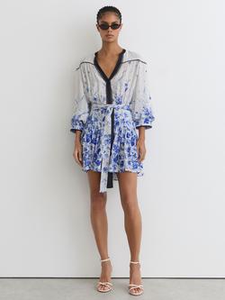 Reiss Anisa V-Neck Long Puff Sleeve Mini Dress, Ivory/Blue, Ivory/Blue