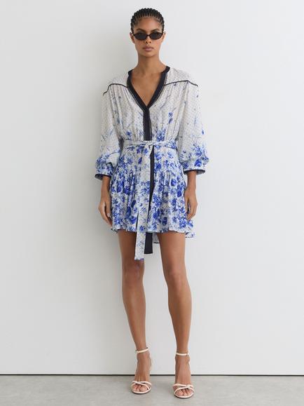 Reiss Anisa V-Neck Long Puff Sleeve Mini Dress, Ivory/Blue, Ivory/Blue