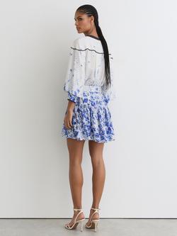 Reiss Anisa V-Neck Long Puff Sleeve Mini Dress, Ivory/Blue - view 2, Ivory/Blue