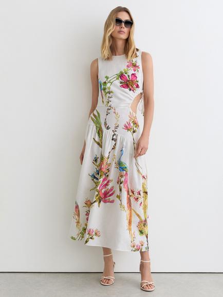 Reiss Bianca Floral Pure Linen Midi Dress, Ivory/Multi, Ivory/Multi