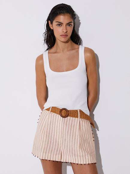 Reiss Chloe Linen Rich Stripe Shorts, Coral Orange/Ivory, Coral Orange/Ivory